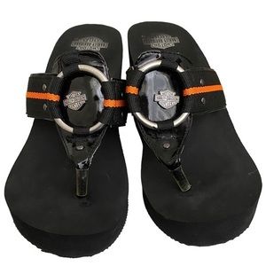 HARLEY-DAVIDSON BLACK AND ORANGE PLATFORM‎ FOAM SANDALS SIZE 7